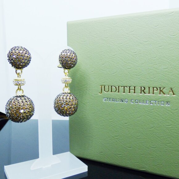Judith Ripka Earrings 14K Yellow Gold-Clad Diamonique Drop Pave Double Ball